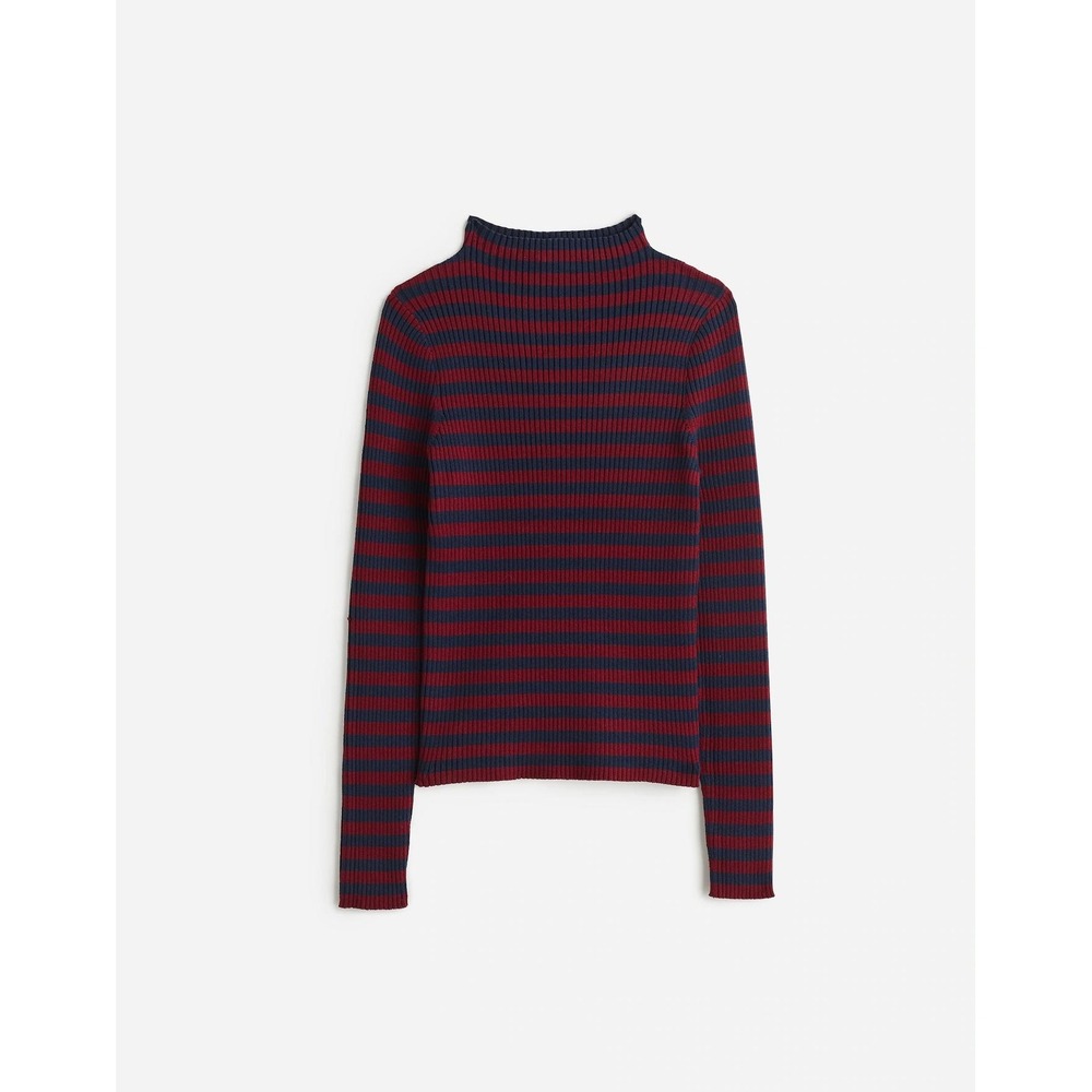 Madewell Striped Mock Neck Ribbed Knit Sweater Top XS Burgundy Navy Cotton